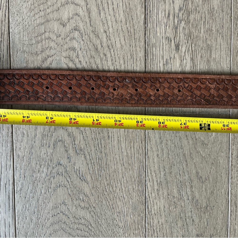 Fossil Tooled Brown Leather Belt with Dark Metal Buckle - Picture 7 of 10